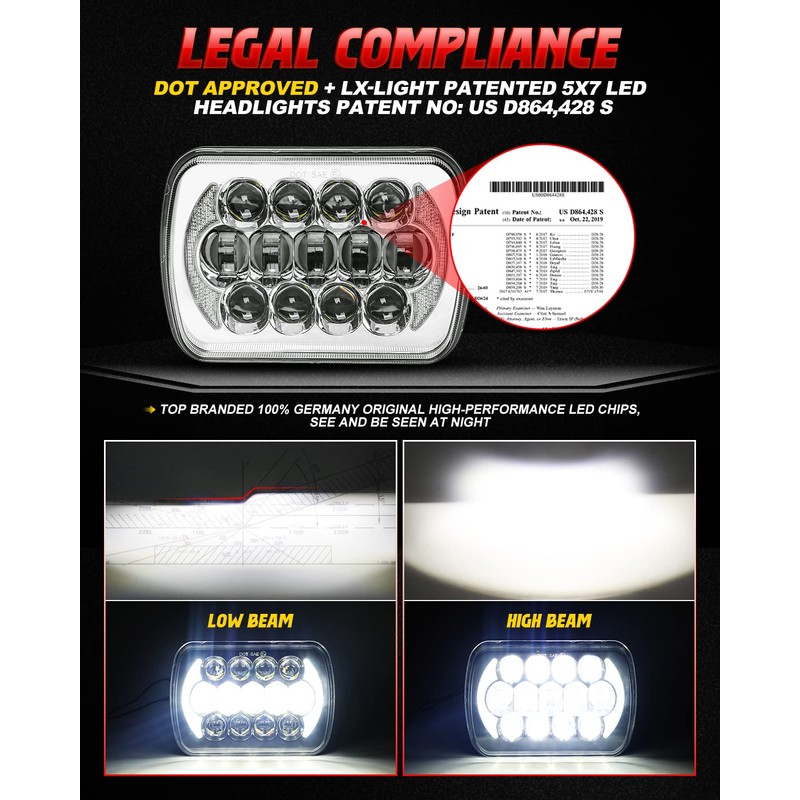LX-LIGHT 105W 1000% Bright Chorme H6054 5x7 7x6 Led Headlights
