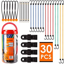 Cartman 30 Piece Premium Bungee Cords Assortment Jar, Includes 10”, 18”, 24”, 32”, 40” Bungee Cords, 8”Canopy Tarp Ball Ties and Tarp Clips