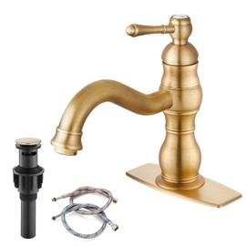 gotonovo Bathroom Sink Faucet 1 Hole Single Handle Lavatory Vanity Faucet 360° Swivel Spout Basin Mixer Tap Matching Pop Up Drain with Overflow, 5.9 Inch Spout Reach, Antique Brass
