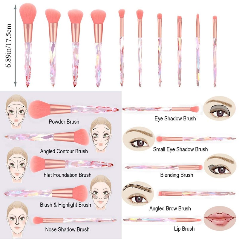 Maquillali Kit de 10 Brochas de Mango Cristal Chandelier Pink
