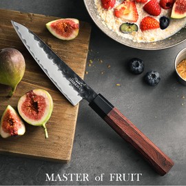 SHIRKHAN Utility Knife 5.3 Inch - Professional Sharp Japanese Petty Knife - High Carbon Hand Hammered Clad Steel Blade 10Cr15CoMoV Core - Octagon Redwood Handle - Gift Box