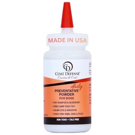 COAT DEFENSE Daily Preventative Powder | Made in USA | 4.2oz Precision Point Waterless Dog Shampoo & Pet Deodorizer for Smelly Dogs | Provides Anti Itch Relief | Dog Shampoo for Dry Itchy Skin