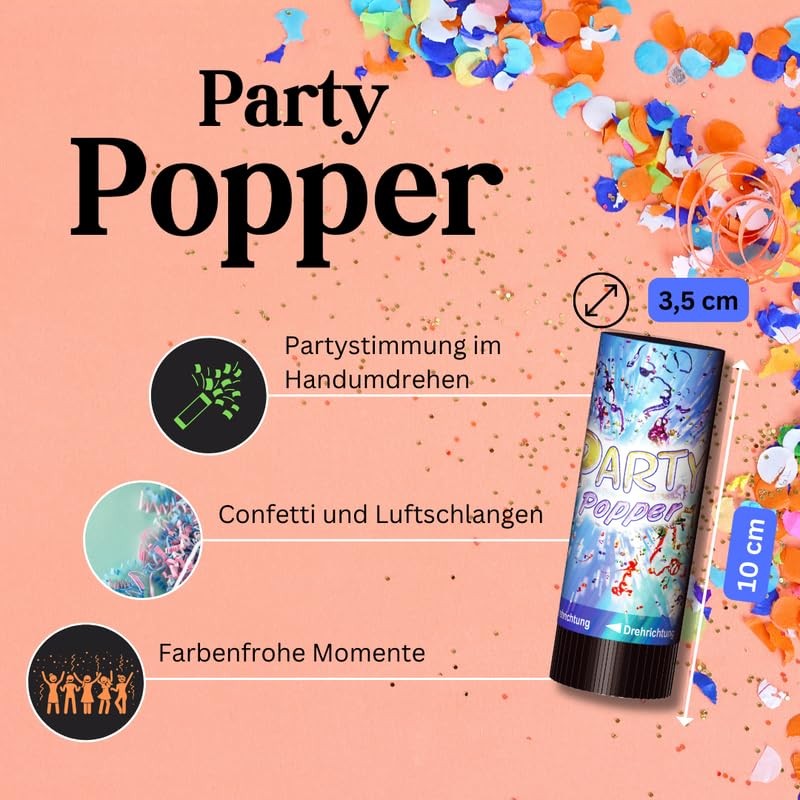 8 x Party Poppers, 10 cm with Confetti and Streamers