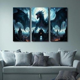 Home Decorations for Living Room Dragon Canvas Paintings Wall Art Medieval Fantasy Animals Pictures Print On Canvas 3 Panel Wall Artwork Framed Art Wall Decor Arts & Crafts, 42x28 Inches