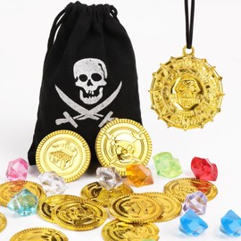 COLOFALLA Pirate Treasure Pirate Gold Coins Set Gold Coins Pirate Treasure 10 Pieces Gold Coins 10 Pieces Acrylic Diamonds 1 Piece Golden Medals for Pirate Game for Children's Birthday Pirate