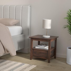 SIMPLIHOME Warm Shaker End Table - 20 inch Wide Solid Wood Side Table in Distressed Charcoal Brown, Transitional Accent Table for Living Room or Bedroom with Drawer, Open Shelf and Square Tapered Legs