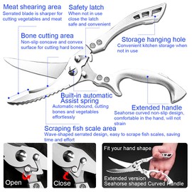 ANDONG Upgrade Heavy Duty Stainless Steel Kitchen Scissors - Professional Poultry Shears for Bone, Meat, Chicken, Fish, Turkey, Vegetables,Spring Loaded Multipurpose Ultra Sharp Utility Scissors