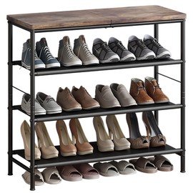 INGIORDAR Shoe Rack Organizer 5 Tier Metal Organizer Shelf with Industrial MDF Board and Layer Fabric for Entryway Closet Bedroom Living Room Garage,Black & Rustic Brown (Black+Rustic Brown, 4 Tier)