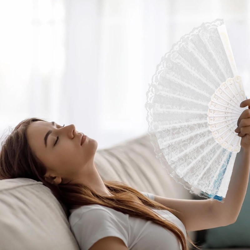 Elovara 10 Pcs White Lace Embroidery Folding Hand Fans for