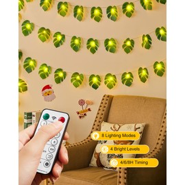 Minetom Monstera Leaf String Lights Battery Operated: 20 LED Tropical Artificial Rattan Palm Green Leaves with Remote Control - Hanging Vine Greenery for Hawaiian Beach Theme Party Summer Decoration
