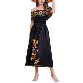 IDOPIP Mexican Dress for Women Off Shoulder Traditional Mexican Fiesta Dress Floral Sunflower Print Cinco De Mayo Mexican Outfit Vestidos tipicos Mexicanos Ruffle Peasant Maxi Dress Black S