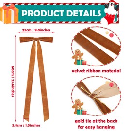 8 Pcs Large Velvet Christmas Bows 23.5x8.7 Inch Staircase Wreath Bows Rustic Crafts Gift Ribbon Bows Vintage Christmas Tree Topper Bows for Tree Indoor Outdoor Decoration, Khaki