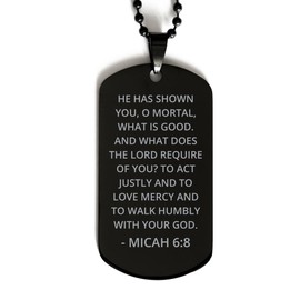 DARIN GIFT Bible Verse Black Dog Tag, Micah 6:8 Motivational Inspirational Quotes Gifts Faith Engraved Stainless Steel Chain Necklace For Men Women