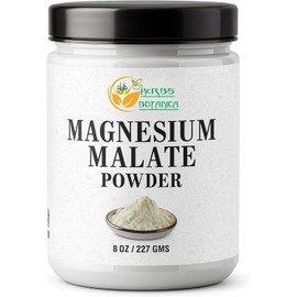 Herbs Botanica Magnesium Malate Powder Unflavored 8 oz 227 GMS Fine for DIY Blends, Smooth Mixing in Water, Juices, or Shakes Clean, No Fillers or Additives