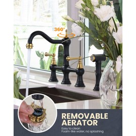 WOWOW Bridge Kitchen Faucet with Sprayer, Brass Kitchen Faucet 4 Hole Bridge Faucet for Kitchen Sink, Black and Gold Kitchen Sink Faucet Two Handle Farmhouse Kitchen Tap
