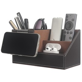 WAYIFON Desk Organiser, PU Leather Pen Holder Desk, Office Organiser with 3 Storage Compartments, Multifunctional Pens Organiser, Office Organiser Office Supplies for Office, Home, School, Brown
