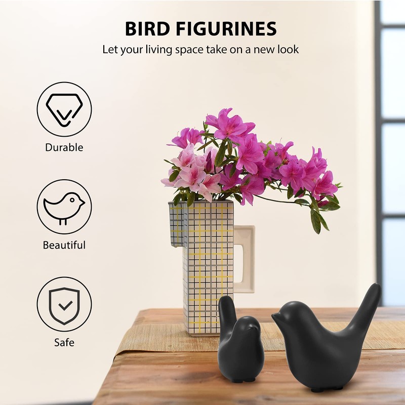 VORCOOL Set of 2 Black Ceramic Bird Figures Set, Modern
