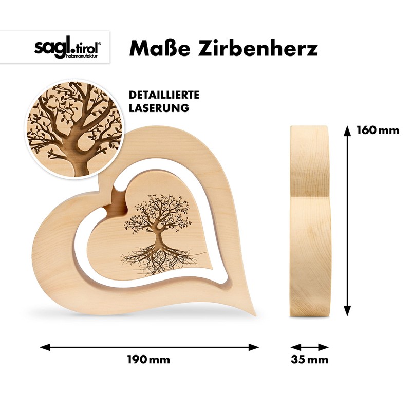 sagl.tirol Pine Heart with Floating Inner Heart and Engraving, 20
