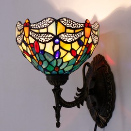 WXCFCD Tiffany Wall Sconce Lamp Blue Stained Glass Flower Style 8X10.5X11 Inch Plug in Wall Bedside Light for Hallway Bedroom (Blue Yellow Dragonfly Style)