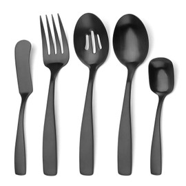 O.C.E. 5-Piece Matte Black Serving Flatware Silverware Set, Utensil Set of Stainless Steel, Satin Finish, Hostess Tableware Serving Set, Dishwasher Safe