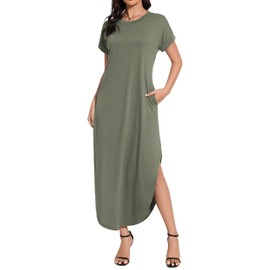 Women's Summer Casual Loose Sundress Long Dress Short Sleeve Crewneck Split Maxi Dresses with Pockets