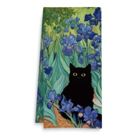 Fuasei William Morris Floral Black Cat Kitchen Towels, Cat Lover Mom Lady Gifts Hand Towels for Bathroom, Floral Kitten Dish Tea Towel for Kitchen, 16x24 Inch
