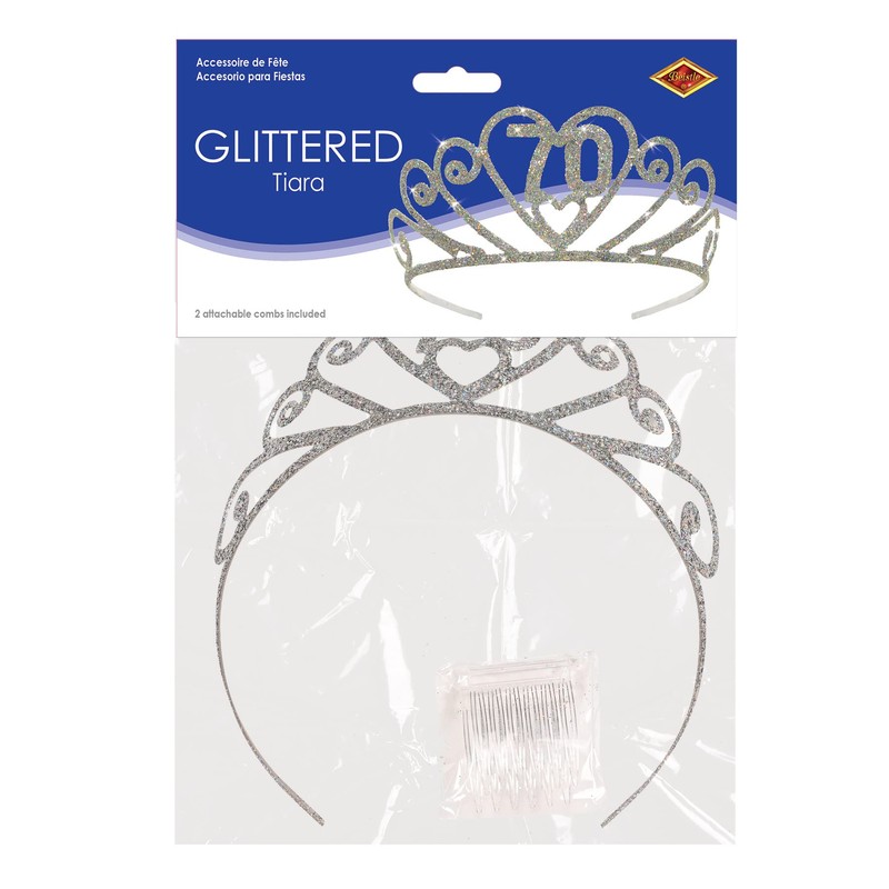 Beistle 60633-70 Glittered Metal "70" Tiara, Silver