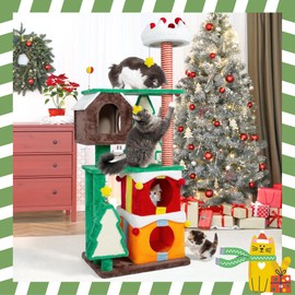 NUNU LAB Christmas Cat Tree, Multi-Level Cat Tower, Modern Cute Cats Tree, with Cat Condos, Sisal Ramp Scratching Posts, Cozy Basket, for Indoor Use (KM057)