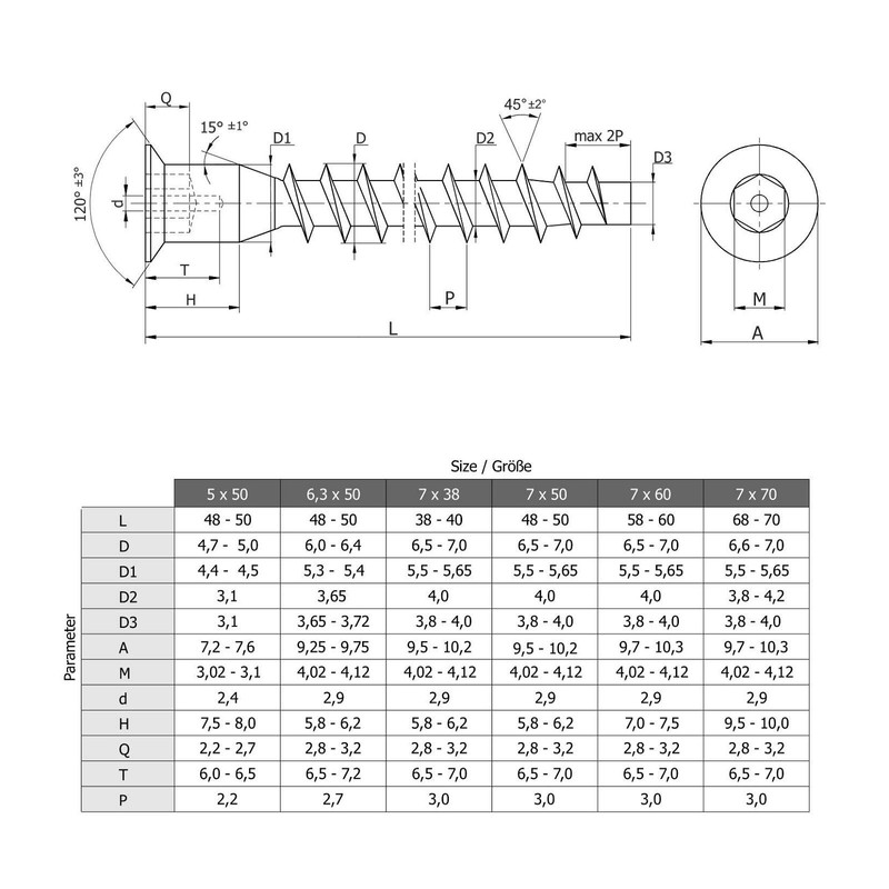 Confirmat Screws Hexagon Socket SW4 7 x 50 mm Countersunk