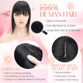 Elailite Real Hair Topper with Long Fringe #1 Black, 40 cm Clip-In Hairpiece Toupee Women's Hair Topper Base 7 x 13 cm, 48 g