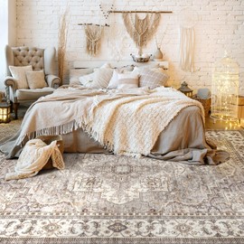 EIEIHOUSE Washable Area Rugs for Living Room - 8x10 Neutral Vintage Distressed Floral Farmhouse Boho Large Soft Floor Rug Indoor Non Slip Carpet for Living Room Bedroom Dining Room Office - Grey