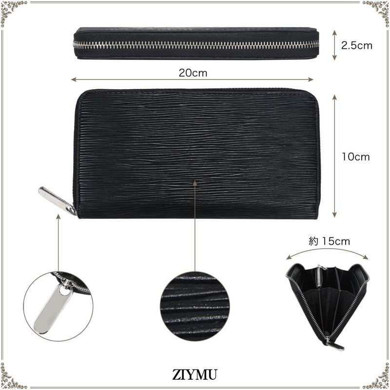 ZIYMU zm-w1-002bk Long Wallet, Round Zipper, Coin Purse, Genuine Leather,