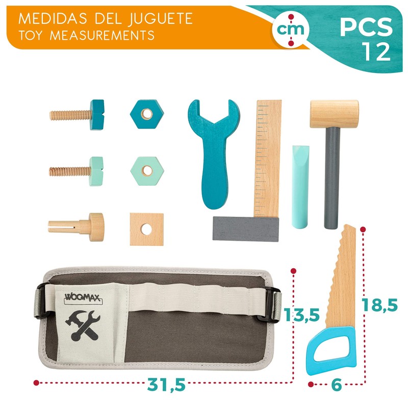 WOOMAX 49304 Tool Belt for Children, Includes 12 Pieces, Children's