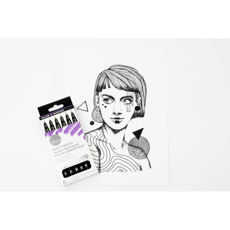Daler-Rowney Simply Black Fineliners Set, 6 Pens, Ilustration, Drawing, Water-Resistant,