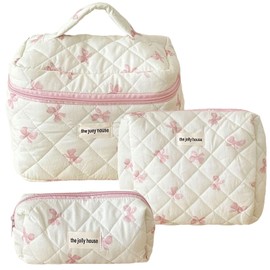 JINFANRUI 3Pcs Makeup Bag Set, Quilted Makeup Bag, Cute Cotton Makeup Bag, Coquette Travel Toiletry Bag with Polka Dot and Bow Patterns, Large Travel Cosmetic Bag for Women (F)