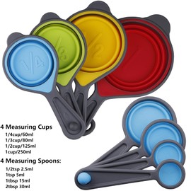 SPUVGVC Measuring Cups and Spoons Set, Collapsible Silicone Measuring Cups and Spoons, 8 pieces Food Grade Silicone Measurement Cup for Liquid & Dry Measuring Baking & Travel Measuring Cup, Space Save