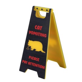 Cat Vomiting Sign, 4 Inch Mini Cat Vomit Pay Attention Sign Funny Gag Gift Cats Vomit Caution Warning Decorations Novelty Cat Gifts for Cats Lovers, Desk Pet Decor (Black, Red & Yellow)