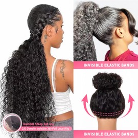 Hidden Strap Water Wave 360 Glueless Wigs Human Hair Pre Plucked Bleached Konts Skinlike HD Lace Frontal Wigs Human Hair with Drawstring 250 Density Natural Hairline Human Hair Wigs for Women 26 inch