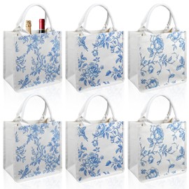 Kuabiz 6 Pcs Blue and White Floral Burlap Tote Bags Chinoiserie Jute Tote Bags with Handles for Wedding Bridal Wedding Decor