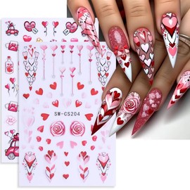 Valentine's Day Nail Art Stickers Decals Sweet Love Heart Valentines Nail Decals 8PCS Pink Love Heart Rose Angel 3D Self-Adhesive Design Nail Stickers Manicure Supply for Women Nail Art Decorations