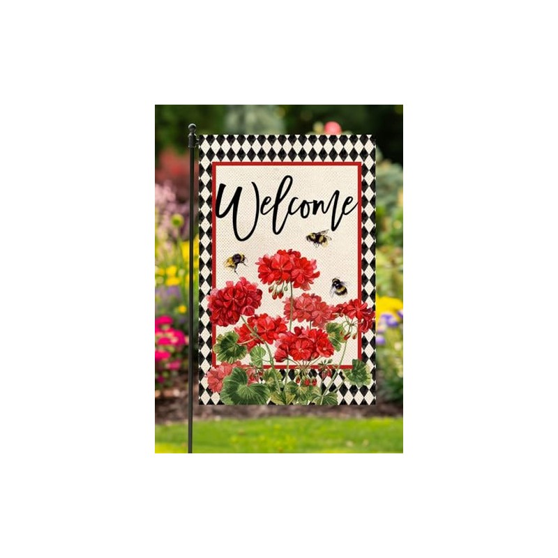 Welcome Spring Geranium Garden Flag Double Sided 12x18 Inch Summer