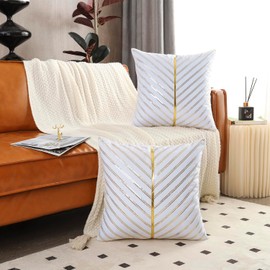 LUOYEHK White Velvet Throw Pillow Covers 18x18 Set of 2 with Gold Leather and Sequin Decorative Cushion Covers Luxury Modern Pillowcases for Couch Sofa Bed Living Room