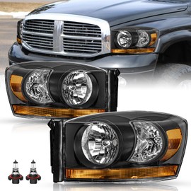 TUSDAR Headlight Assembly Set Fits for 2006-2008 Dodge Ram 1500/2006-2009 Dodge Ram 2500/3500 Pickup Driver and Passenger Side Bulbs Included, Black Housing & Amber Bottom Reflector