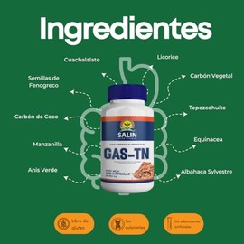 GAS-TN 100 cpsulas - Suplemento Digestivo Natural con Carbn Vegetal, Carbn de Coco, Equincea, Manzanilla, Semillas de Fenogreco, Albahaca Silvestre y 