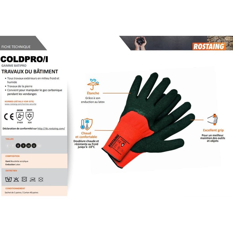 Rostaing coldpro/IT10 Gloves, Orange/Black, 10