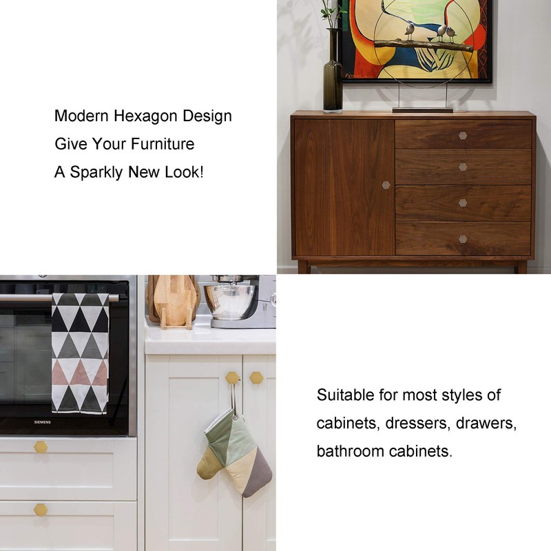 QogriSun 10-Pack Solid Brass Hexagon Cabinet Knobs, 1-1/10-Inch Diameter, Gold