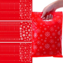 Saypacck 100 Pieces Christmas Plastic Gift Bags Bulk Snowflake Treat Bags with Handle 8 x 12 Inch Xmas Candy Goodie Bags Snowflake Merchandise Bags for Christmas Party Favor Decoration(Red)