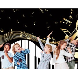 Newsely Piano Theme Backdrop 8Wx6H Photography Golden Musical Notes and Piano Keyboard Elegant Modern Trendy Background for Kids Men Women Party Decorations Banner Photo Booth Props Supplies