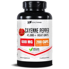 Healthfare Cayenne Pepper Extract, 600mg | 200 Veg Capsules | 45,000 HU