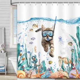 MCKTOM Funny Cat Shower Curtain, Teal Blue Ocean Sea Turtle Starfish Tropical Fish Fabric Bath Curtains, Kids Bathroom Nautical Decor Waterproof with Hooks Set 72 x 72 Inch